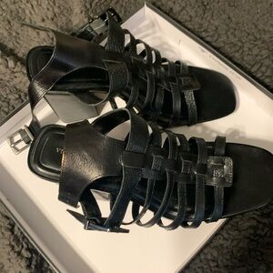 Vince Camuto black block heel sandals with wrap around ankle strap